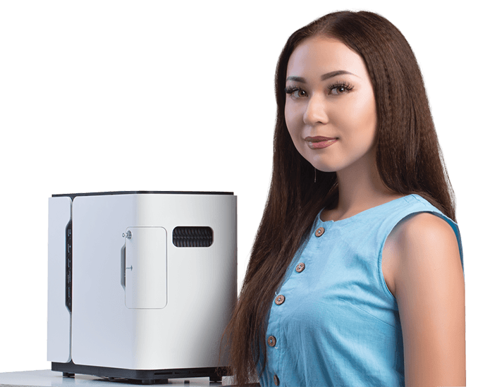 Woman with a Restore oxygen concentrator