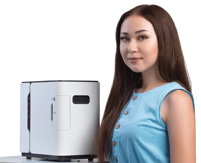 Woman with a Restore oxygen concentrator